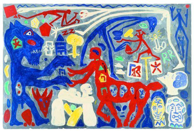 A.R. Penck, Situation ganz ohne schwarz, 2001, acrilico su tela, 200x300 cm