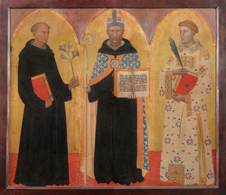 Allegretto Nuzi, San Nicola da Tolentino, Santo Stefano e Sant'Agostino che presenta la Regola, 1372 ca., trittico. Pinacoteca civica, Fabriano