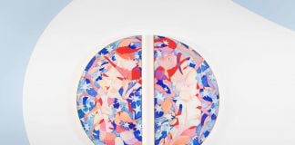 Bea Bonafini, Eclipsed, 2021, gouache and Caran d'Ache on engraved cork, 60 cm Ø. Installation view at Renata Fabbri, Milano 2021. Photo Andrea Fanelli