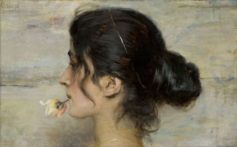Ettore Tito, Con la rosa tra le labbra, 1895, olio su tavola, 25,5x41,5 cm