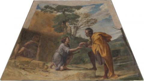 Exposición “Annibale Carracci. Los frescos de la capilla Herrera” San Diego de Alcalá recibiendo limosna Annibale Carracci Pintura mural trasladada a lienzo. 126 x 223,5 cm 1604-07 Madrid, Museo Nacional del Prado