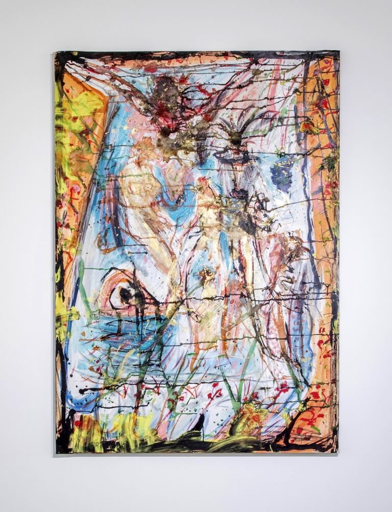 Francesco Lauretta, Bagnanti, 2020, olio, inchiostri e pigmenti su tela, 140x100 cm. Courtesy l'artista