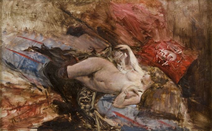 Giovanni Boldini, Nudo sdraiato con calze nere, 1885 ca., olio su tavola, 33x55 cm