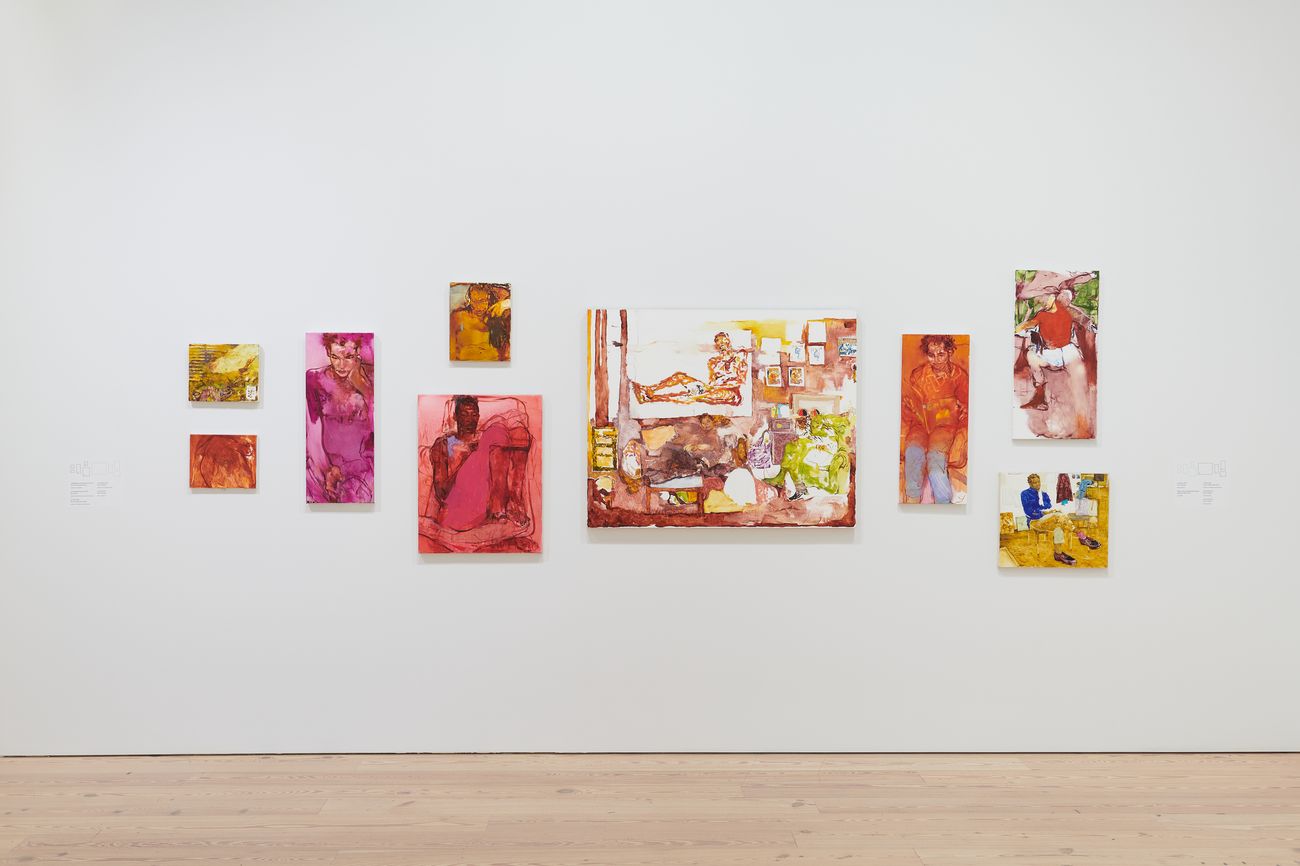 Jennifer Packer: The Eye Is Not Satisfied With Seeing, installation view at Whitney Museum of American Art, New York). Da sinistra a destra e dall’alto in basso: Apparition As Inheritance, 2013-15; Inclined Autonomy, 2015; Cade, 2021; Tomashi, 2016; Tobi, 2019; Jordan, 2014; Haile, 2021; Untitled, 2017; Eric (II), 2013. Photo Filip Wolak