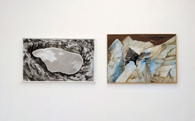 Judith Mall, Surface, charcoal on paper, 60x100 cm _ Sylvie Ringer, Ask the Mountain, pastels, ink, pigment and charcoal on paper, 96x69 cm