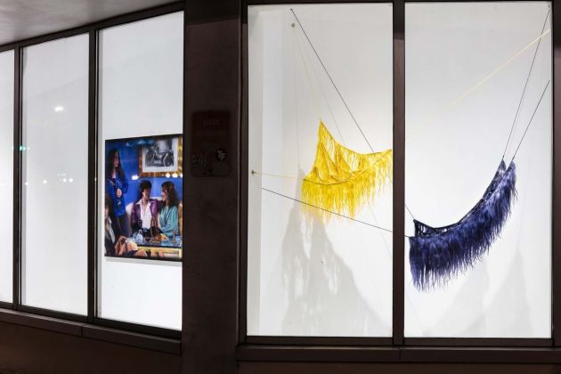 Julie Monot, Hamacs 1 e 2, 2020. Installation view at Walgreens Windows, The Bass Museum, Miami. Photo credit Zaire Aranguren