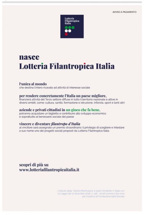 Lotteria Filantropica Italia, l'annuncio