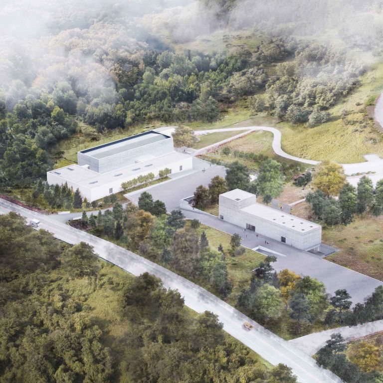 Rendering depicting aerial view of Magazzino Italian Art’s campus, including a new freestanding building. Architects Alberto Campo Baeza and Miguel Quismondo. Image by JC Bragado & J Mingorance. Courtesy of Magazzino Italian Art
