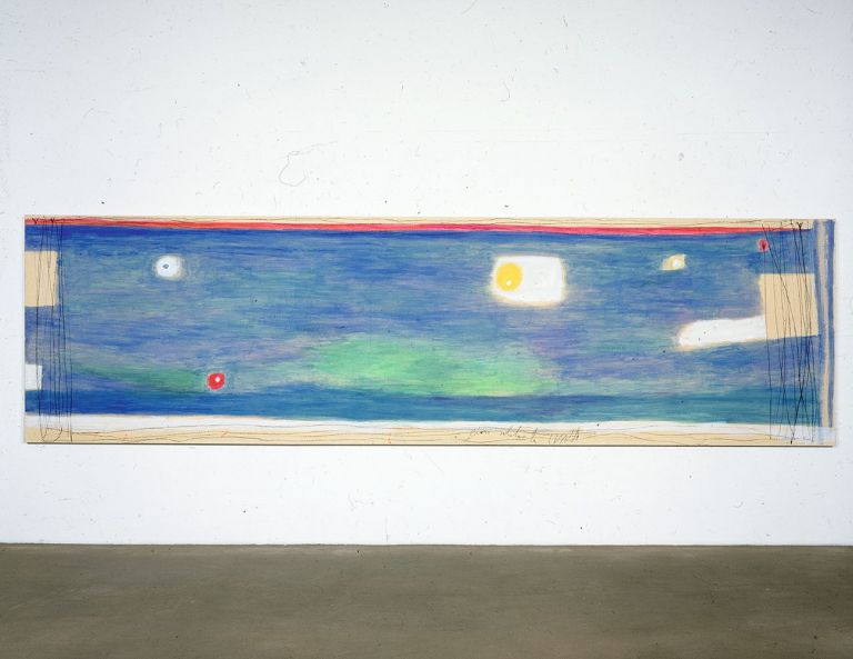 Nicola De Maria, I fiori salutano la luna, 1984, acquerello, pastello, pastello a cera, matita, 180,5x648 cm. Castello di Rivoli Museo d’Arte Contemporanea, Rivoli-Torino in comodato da Fondazione per l’Arte Moderna e Contemporanea CRT