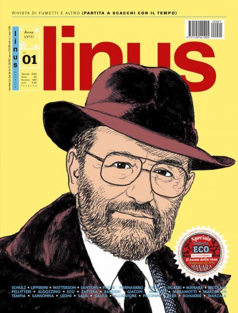 Umberto Eco raffigurato da Milo Manara per la copertina di Linus di gennaio 2022