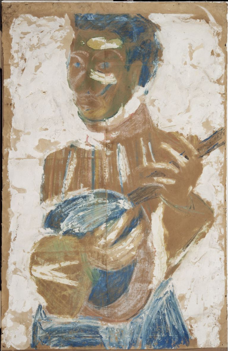 Ragazzo che suona il mandolino, 1967, gessetti colorati e tempera su carta bruna incollata su cartone, © Gabinetto Scientifico Letterario G.P. Vieusseux, Firenze