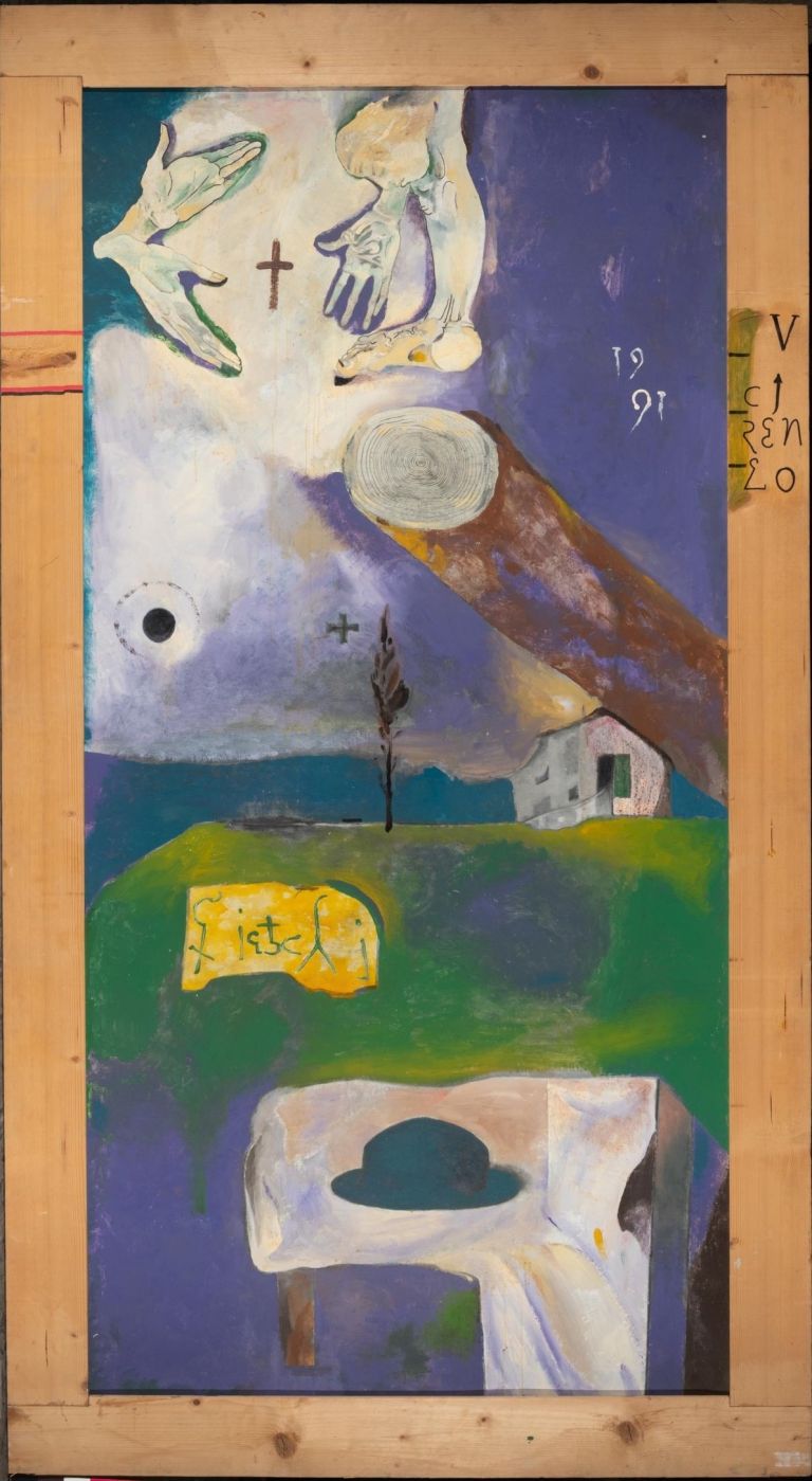 Giannetto Fieschi, Ancora il cireneo, 1991, smalti su masonite, cm 97 x 195
