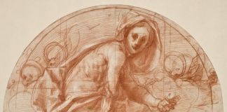 Jacopo Pontormo, Studio preparatorio per la lunetta con Santa Cecilia, 1516-19, sanguigna (pietra rossa) e lumeggiature a gesso su carta vergata avorio. Courtesy Istituto Centrale per la Grafica, Roma