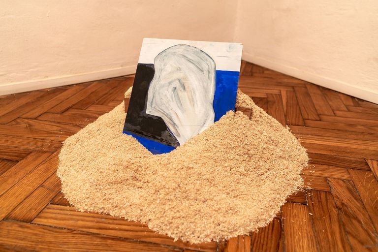 Matteo Messori, La caduta di Icaro, 2020, acrilico e olio su legno, 40x70 cm