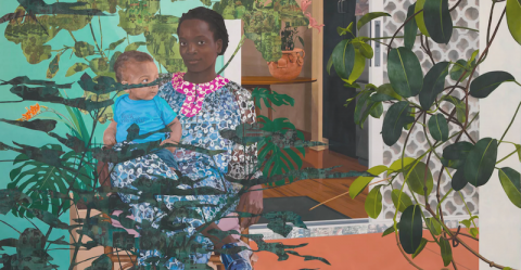 Njideka Akunyili Crosby, Still You Bloom in This Land of No Gardens, 2020. Photo by Jeff McLane. © Njideka Akunyili Crosby. Courtesy the artist, Victoria Miro, and David Zwirner