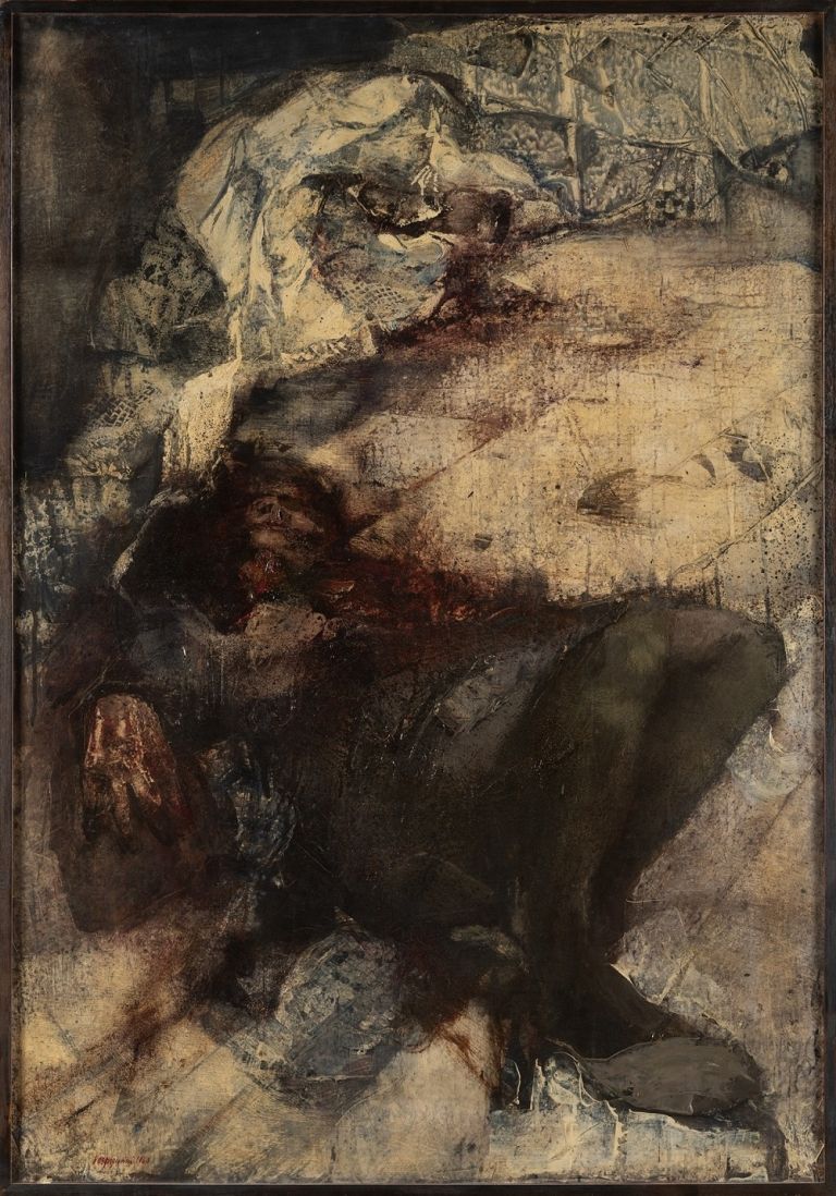Renzo Vespignani, Delitto (Donna assassinata), 1960, olio su carta intelata, 100 x 70 cm. Photo credits Andrea Veneri. Collezione Micacchi © Lorenzo Vespignani, by SIAE 2021