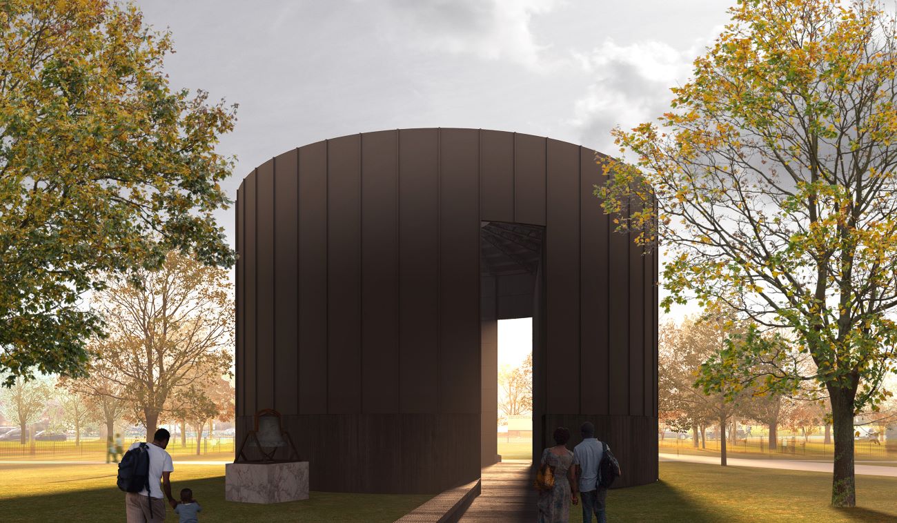 Serpentine Pavilion 2022, Black Chapel, designed by Theaster Gates. Design render, exterior view. © 2022 Theaster Gates Studio.