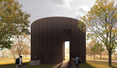 Serpentine Pavilion 2022, Black Chapel, designed by Theaster Gates. Design render, exterior view. © 2022 Theaster Gates Studio.