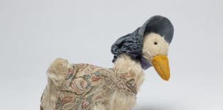 Soft toy, mohair, felt and glass, 'Jemima Puddle Duck', made by J K Farnell & Co Ltd, England, ca. 1925. Courtesy of Frederick Warne & Co
