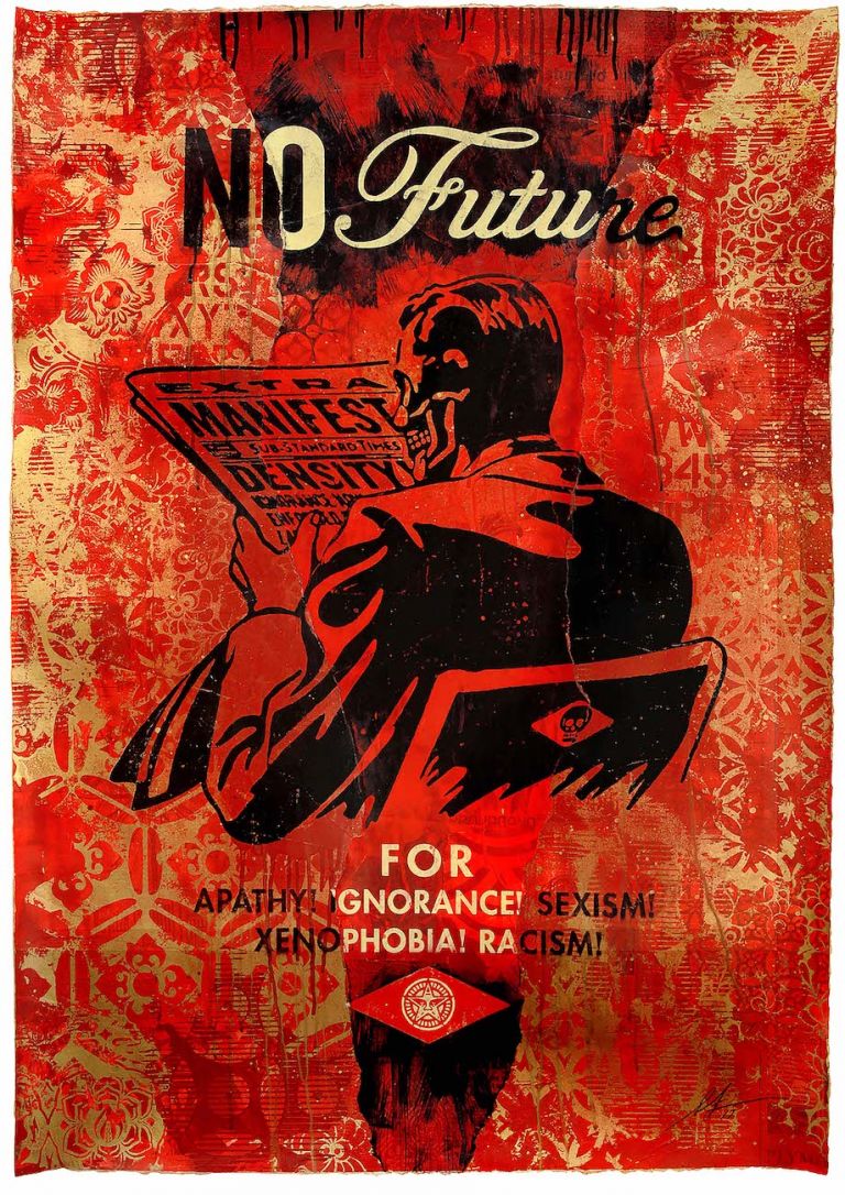 WK, Shepard Fairey, No Future (Red), 2017, Mixed Media (Stencil, Silkscreen and Collage) on Paper, 29 x 42 in. (73,7 x 106,7 cm), credits Wunderkammern_Shepard Fairey