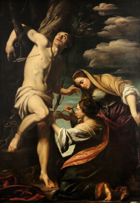 Simon Vouet San Sebastiano curato da sant’Irene e da una ancella, 1622 circa olio su tela 246 x 174 cm Collezione privata