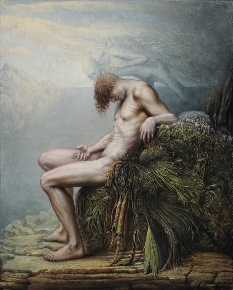 Agostino Arrivabene, La crisalide II, 2021, olio su tavola incamottata, cm 63 x 50. Collezione privata