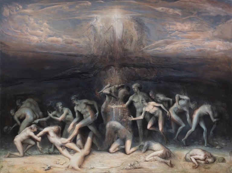 Agostino Arrivabene, Le due morti, dall’omonimo trittico, 2020, encausto su lino, cm 150 x 200. Collezione privata