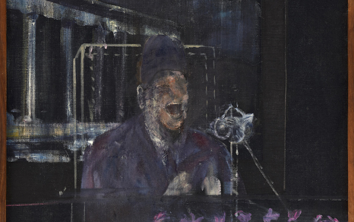 FRANCIS BACON 'Landscape with Pope/Dictator', c. 1946 Oil on canvas 55 1/8 × 43 1/4 inches 140 × 110 cm © The Estate of Francis Bacon. All rights reserved. DACS 2022 dettaglio