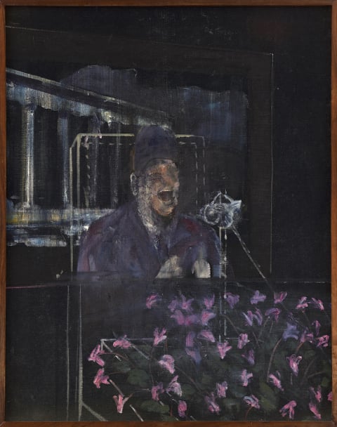FRANCIS BACON 'Landscape with Pope/Dictator', c. 1946 Oil on canvas 55 1/8 × 43 1/4 inches 140 × 110 cm © The Estate of Francis Bacon. All rights reserved. DACS 2022