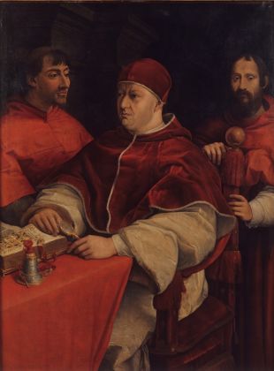 Giuliano Bugiardini, Leone X con i cardinali Giulio de’ Medici e Innocenzo Cybo, 1523-25, olio su tela