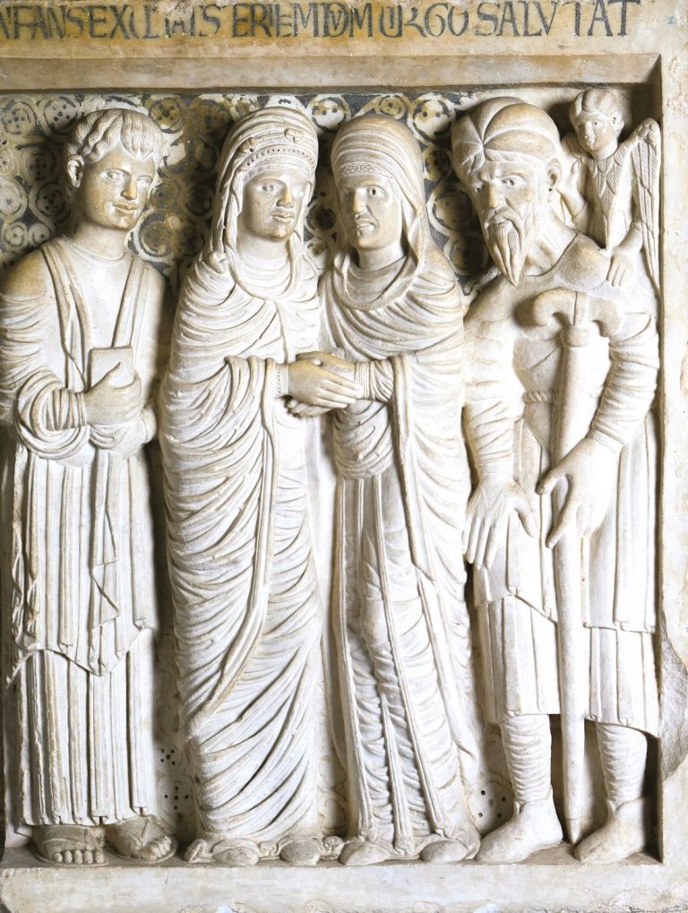 Guglielmo, Visitazione e Annuncio a Zaccaria, marmo e mastice nero, settimo decennio del XII sec. Pistoia, Cattedrale di San Zeno, cripta