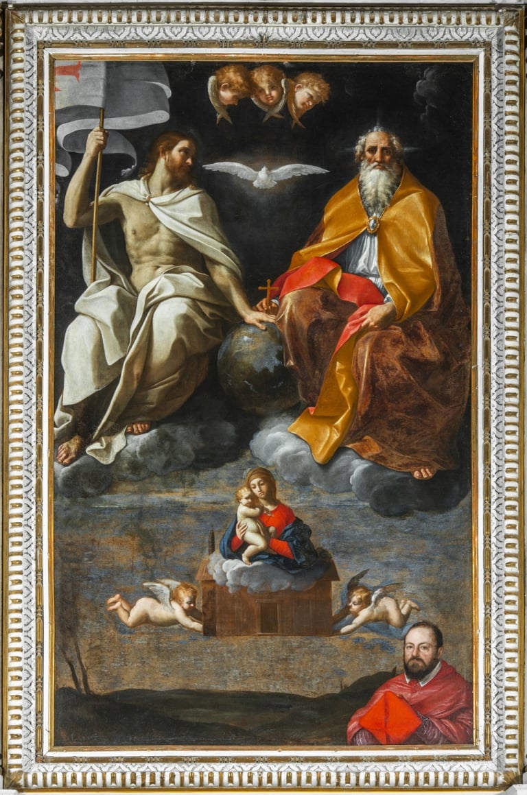 Guido Reni, Trinità con la Madonna di Loreto e il committente cardinale Antonio Maria Gallo, 1603 04, olio su tela 187,6 x 312 cm. Osimo, Parrocchia Santissima Trinità, © Matteo Natalucci