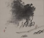 Hirai Baisen, Uomo su una zattera, 1950-59, dipinto a inchiostro e colori su carta, 35,3 x 41,3 cm