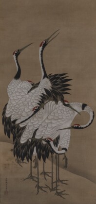 Itō Jakuchū, Sette gru, 1755 ca., dipinto a inchiostro e colori su seta, 110,8 x 51 cm