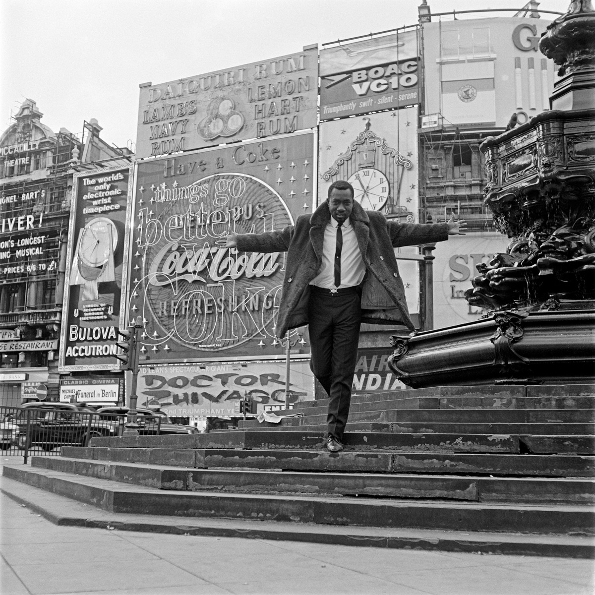 James Barnor, Mike Eghan at Piccadilly Circus, London, 1967, Modern Silver Gelatin Print © James Barnor – Autograph ABP, London