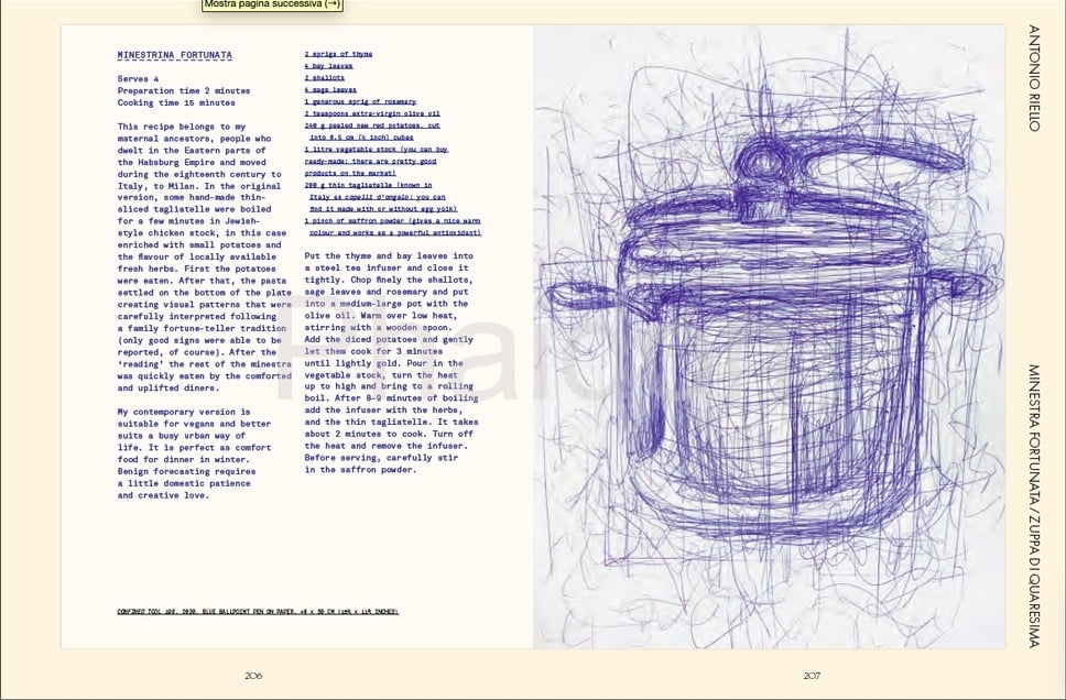 Le pagine dedicate ad Antonio Riello sul libro _The Kitchen Studio. Culinary Creations by Artists_ (Phaidon, Londra 2021)