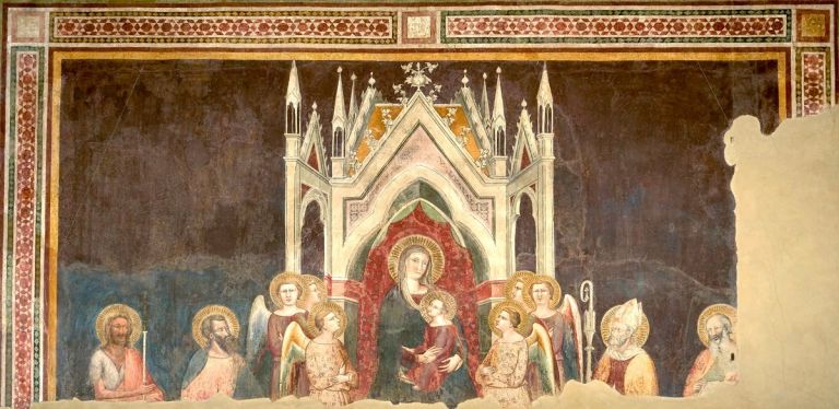 Maestro della Maestà civica di Pistoia, Madonna col Bambino in trono, affresco frammentario, 1345-50. Pistoia, Palazzo Comunale