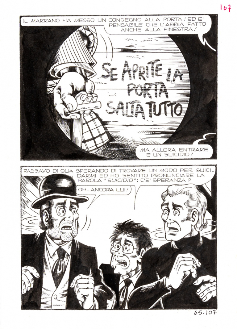 Magnus, “Alan Ford – Un tiro mancino” n 65, pagina 107, 1974. China su carta 25 x 18 cm, Rara apparizione di De Suicidis, stima €500 – 700