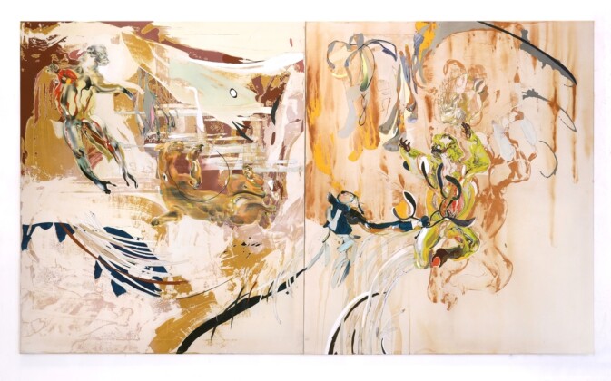 Marta Spagnoli, La Danza, 2022, acrilico e olio su tela, dittico 150 x 130 cm cadauno. Courtesy l'artista e Galleria Continua