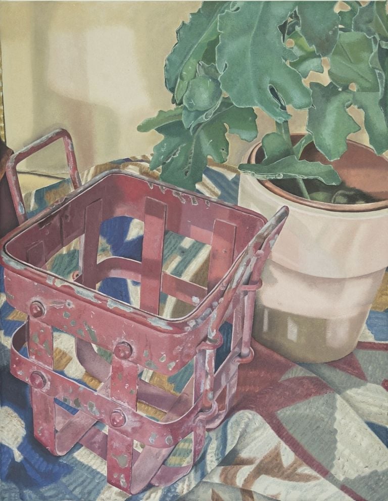 Michael Cline, Red Basket, 2022, oil on linen, 45.7 × 35.5 cm. Courtesy Andrea Festa Fine Art, Roma