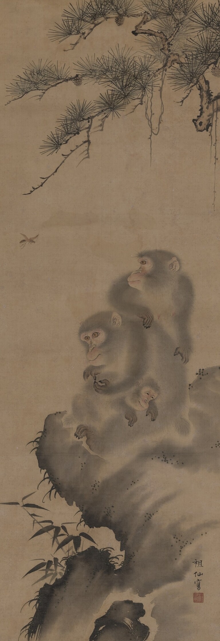 Mori Sosen, Famiglia di scimmie, fine del XVIII sec., dipinto a inchiostro e colori su seta, 108 x 37,9 cm