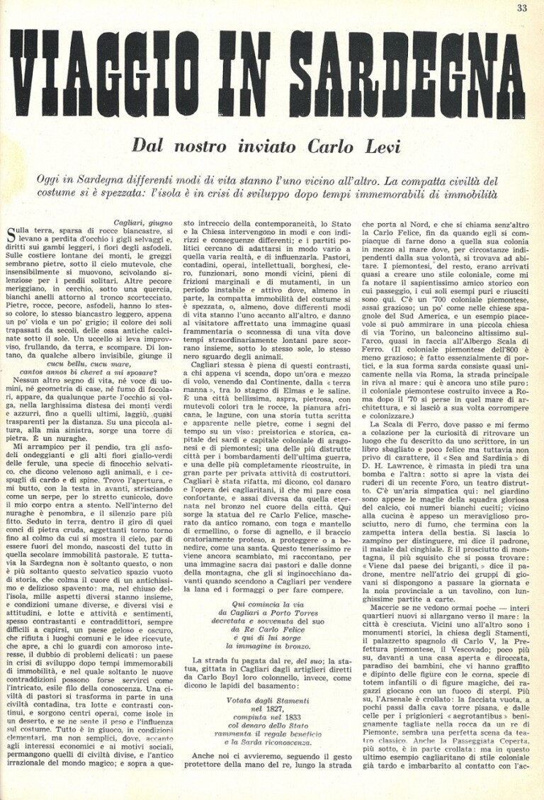 Pagina da Carlo Levi, Viaggio in Sardegna, “L’Illustrazione Italiana”, n. 6, giugno 1952