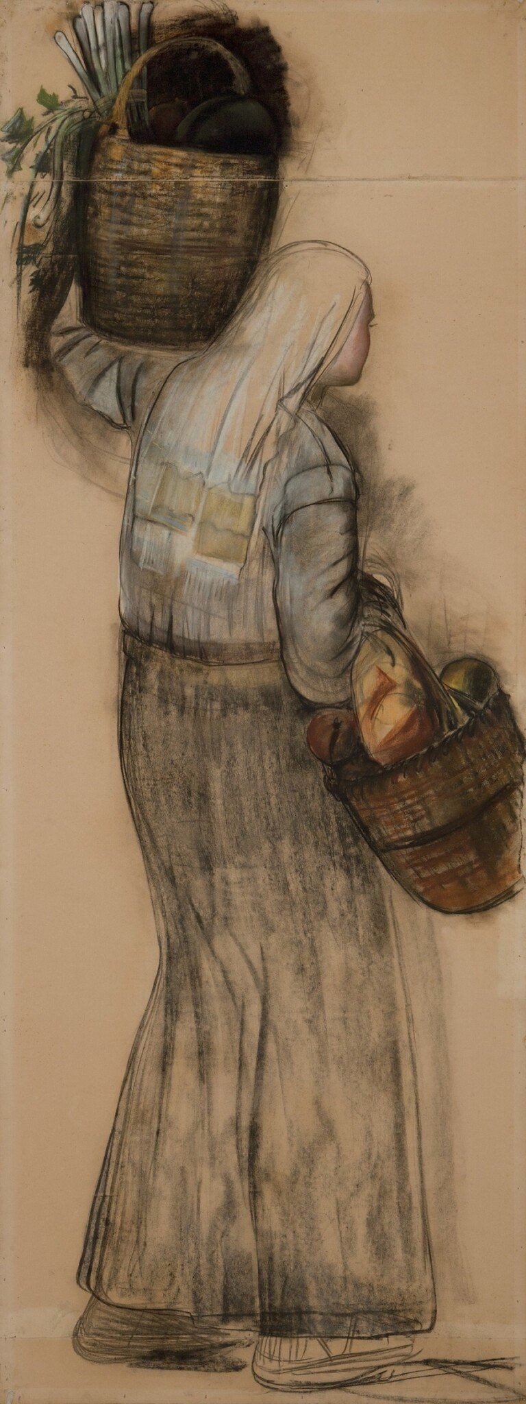 Pietro Gaudenzi, Donna con due canestri, 1938, carboncino e pastelli su carta, 200x80 cm. Courtesy Galleria del Laocoonte, Roma-Londra