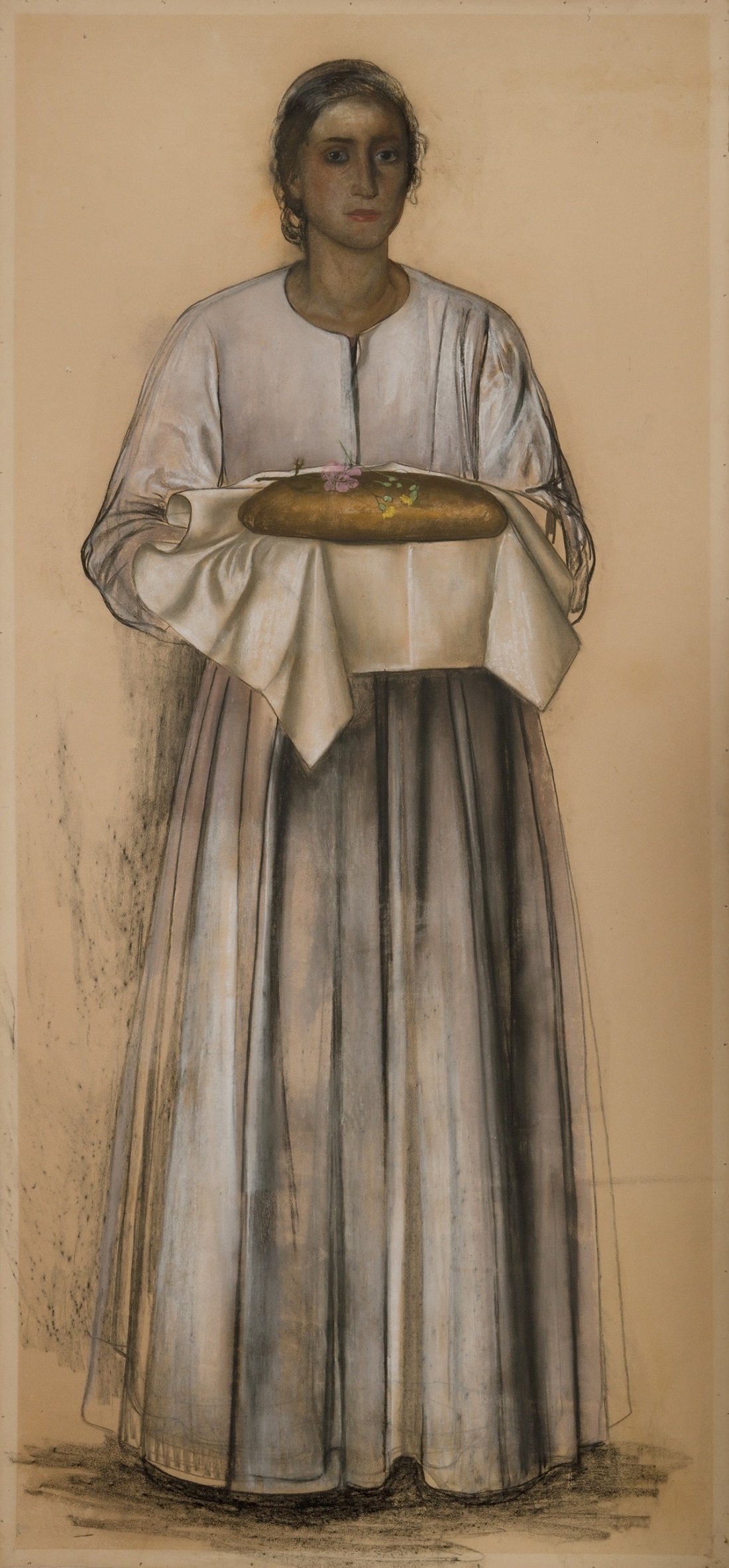 Pietro Gaudenzi, Donna con pagnotta infiorata, 1938, carboncino e pastelli su carta, 200x90 cm. Courtesy Galleria del Laocoonte, Roma-Londra