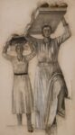 Pietro Gaudenzi, Due donne con vassoi con pani sul capo, 1938, carboncino e pastelli su carta, 200x90 cm. Courtesy Galleria del Laocoonte, Roma-Londra