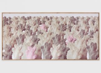 Riccardo Previdi, LORO, 2018, print on artificial silk, 177×361×5 cm. Courtesy the artist and Francesca Minini. Photo Andrea Rossetti
