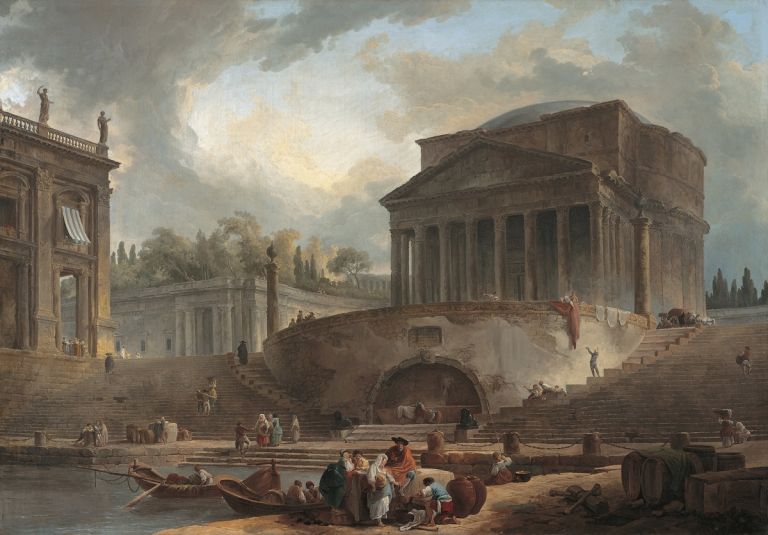 Robert Hubert, Capriccio con il Pantheon davanti al Porto di Ripetta, 1761, olio su tela, 102 x 146 cm. Vaduz Vienna, Liechtenstein. The Princely Collections © 2021. Liechtenstein,The Princely Collections,Vaduz-Vienna. Scala, Firenze