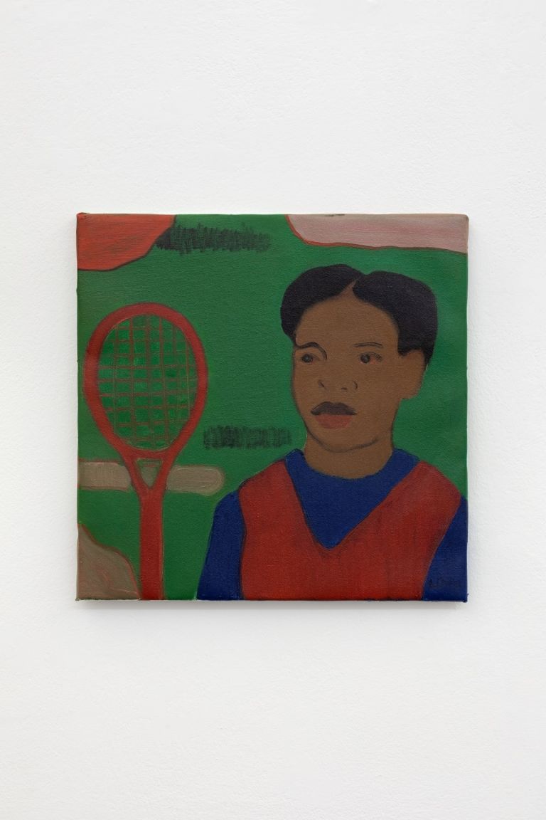 Sahara Longe, Tennis court, 2021, Olio su iuta, 50 x 50 x 2 cm. Photo Daniele Molajoli. Courtesy l'artista & Eduardo Secci, Firenze