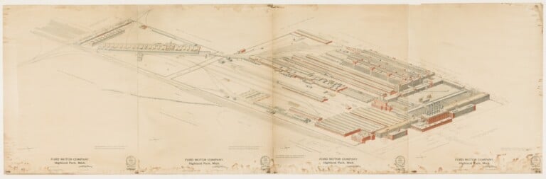 Albert Kahn, Ford Motor Company Highland Park Rendering bird's eye view in 1924, 1924, inchiostro su carta, 85.4x227.3 cm. Cranbrook Art Museum, Bloomfield Hills