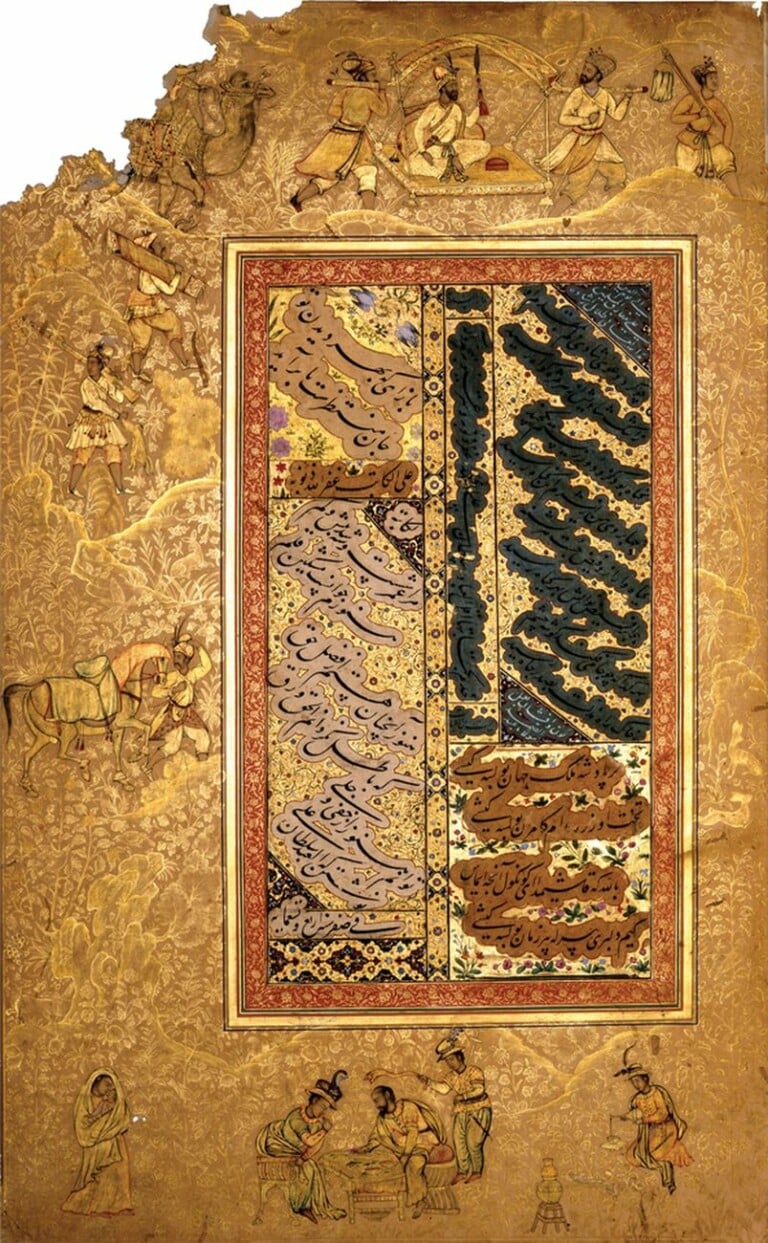 Foglio dell'album Golshan con una poesia composta e scritta da Soltān 'Ali Mashhadi, 1499 d.C. Biblioteca del Palazzo Golestān, Teheran, Iran